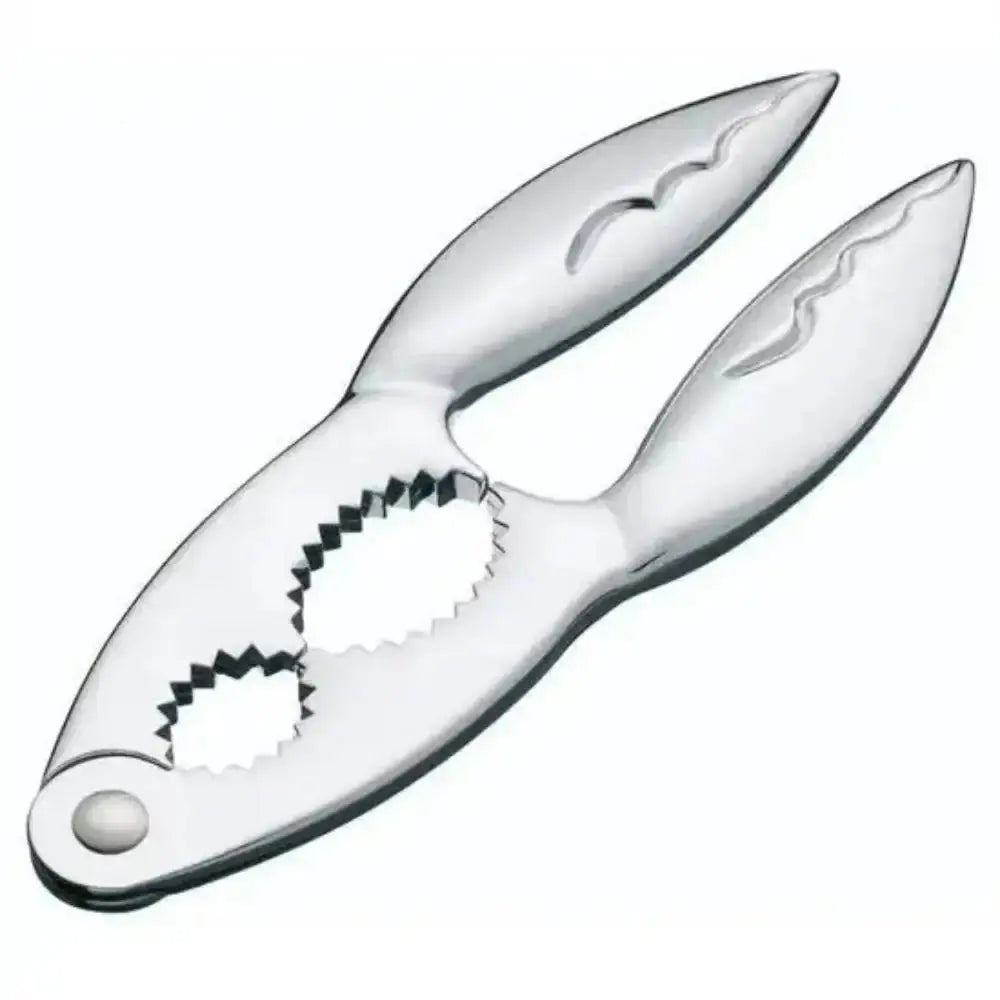 Metallic crab claw opener on a white background