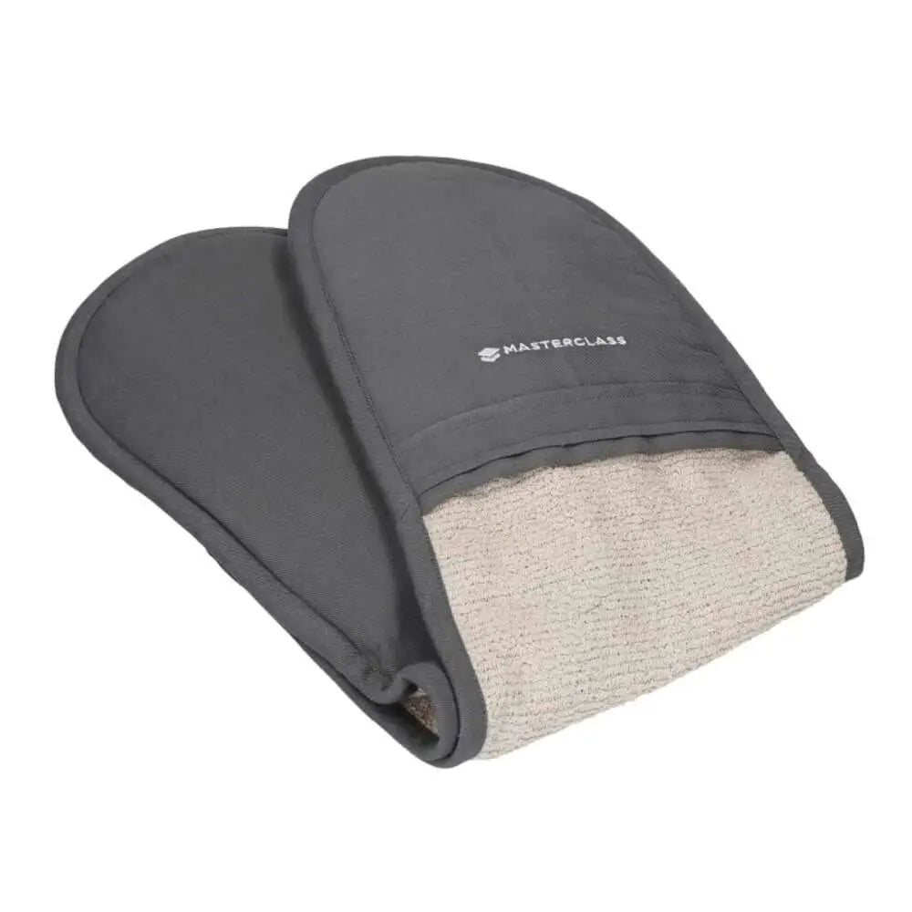 Pair of gray oven mitts with beige interior on a white background, featuring 'Masterclass' branding.