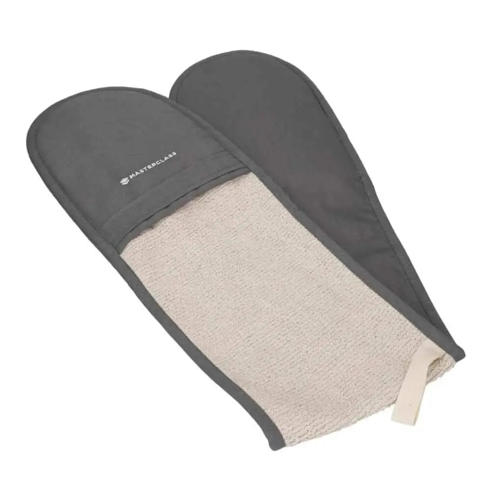 Pair of gray and beige oven mitts on a white background