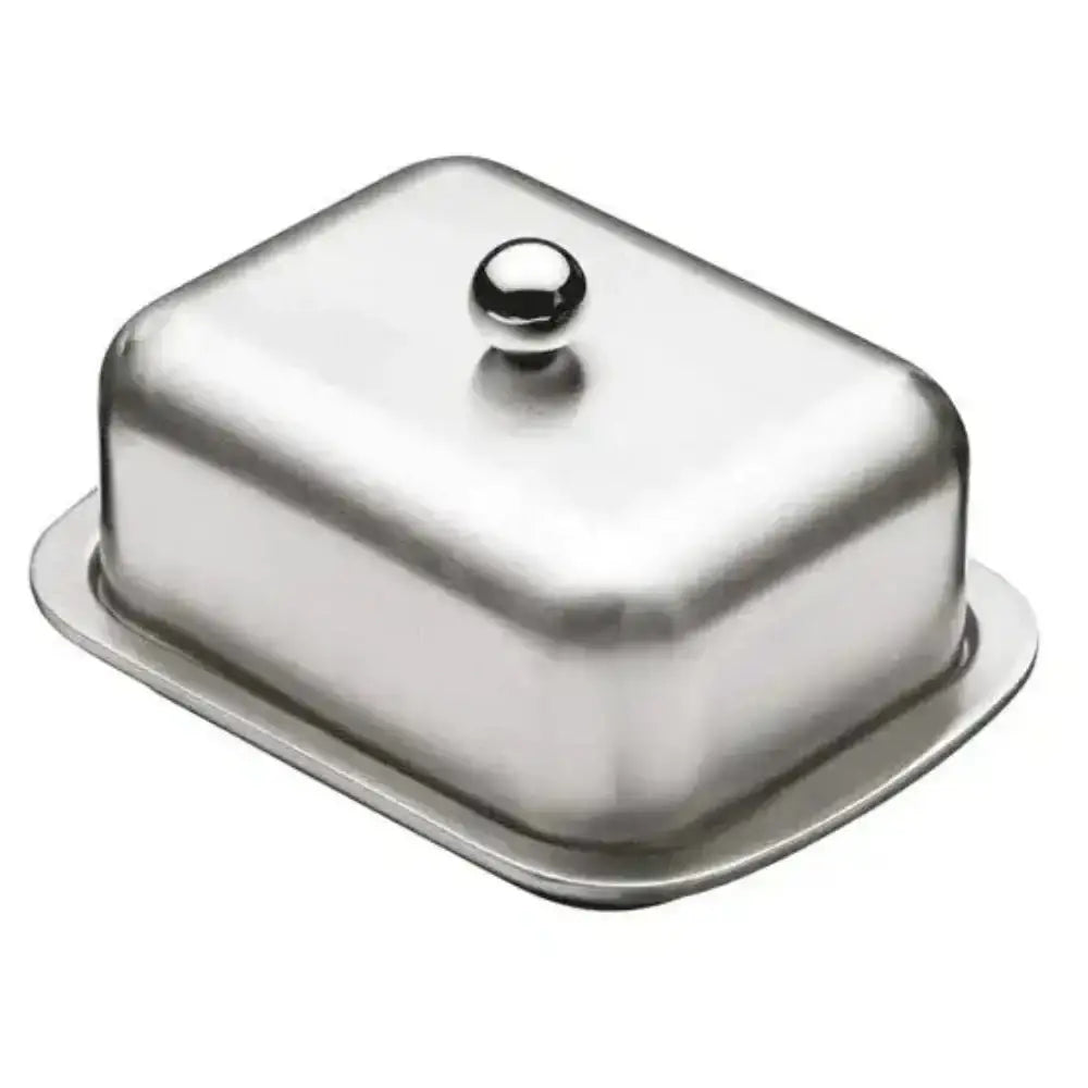 Stainless steel butter dish with lid on a white background