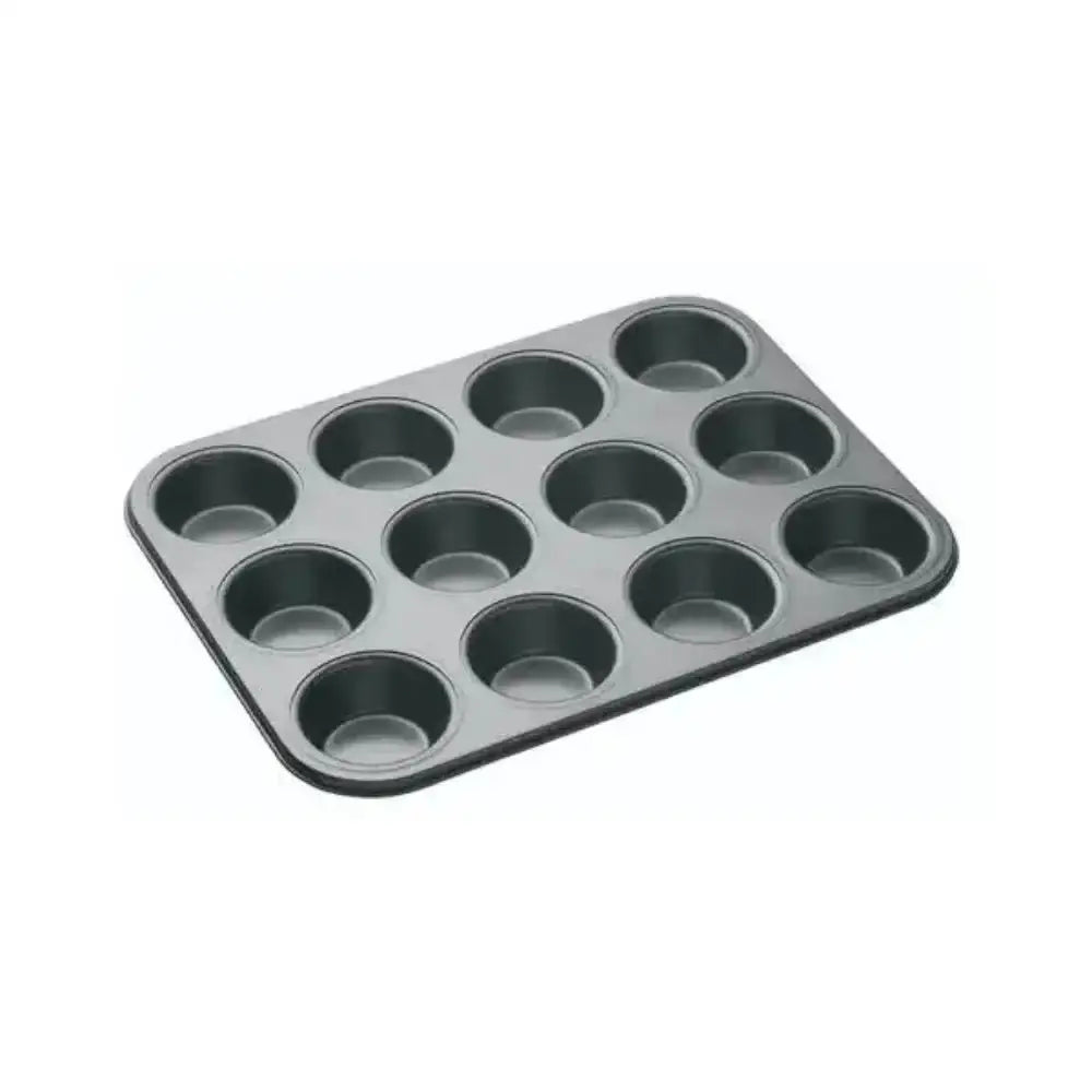 Muffin tin with 12 cups on a white background