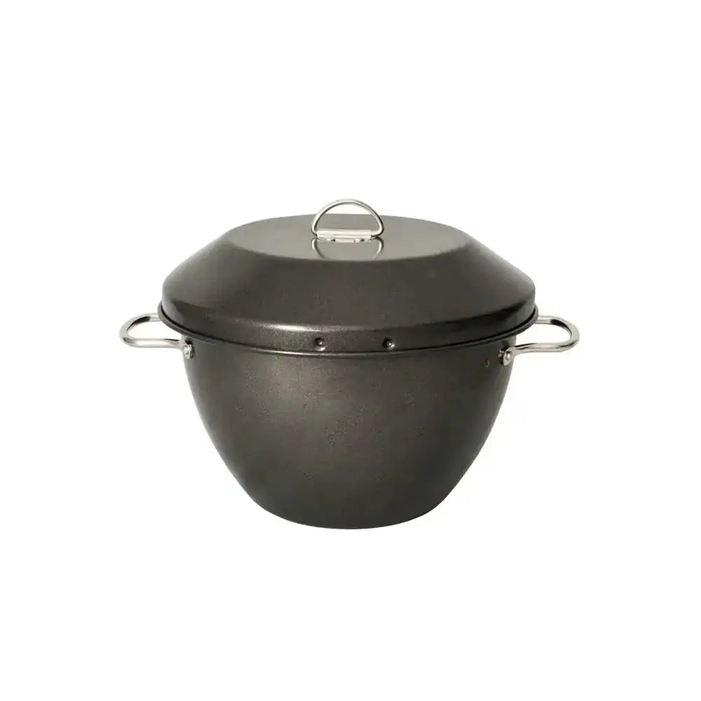 Black pot with a lid on a white background