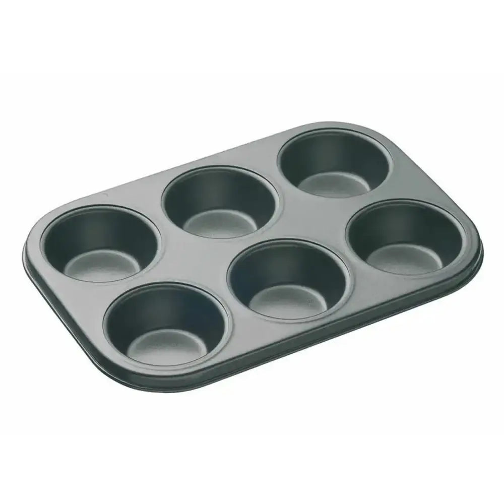 Gray six-cup muffin tin on a white background