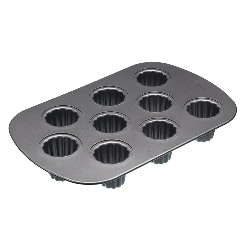 Gray muffin tin with six cups on a white background
