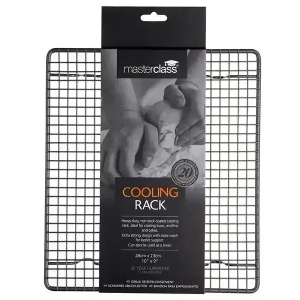 Metal cooling rack with packaging displaying 'masterclass' brand on a white background