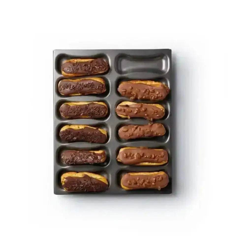 Metal tray with twelve chocolate eclairs on a white background