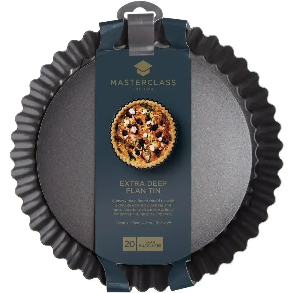 Masterclass extra deep flan tin with packaging on a white background
