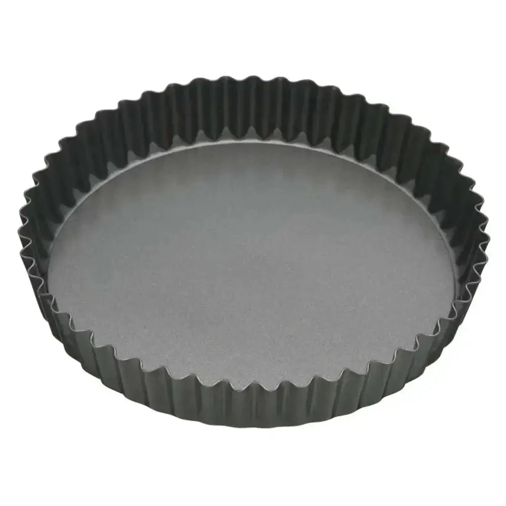 Gray fluted tart pan on a white background