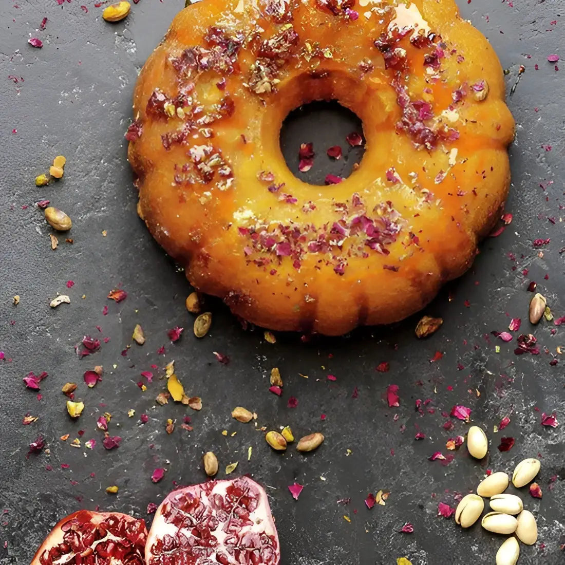 Golden-brown ring-shaped cake with crushed pistachios and dried rose petals made in masterclass non-stick fluted round cake pan 25cm