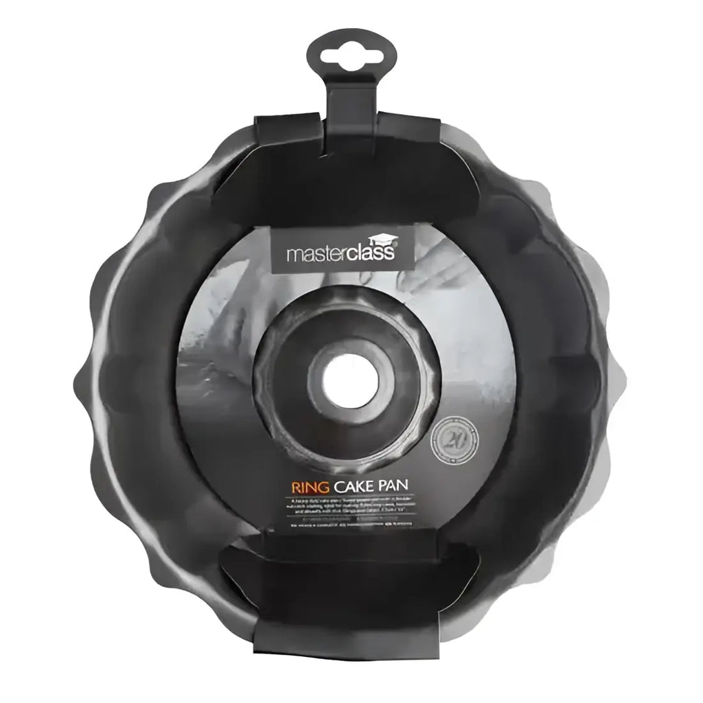 Black silicone non-stick fluted round cake pan 25cm with central hole in masterclass branded retail packaging