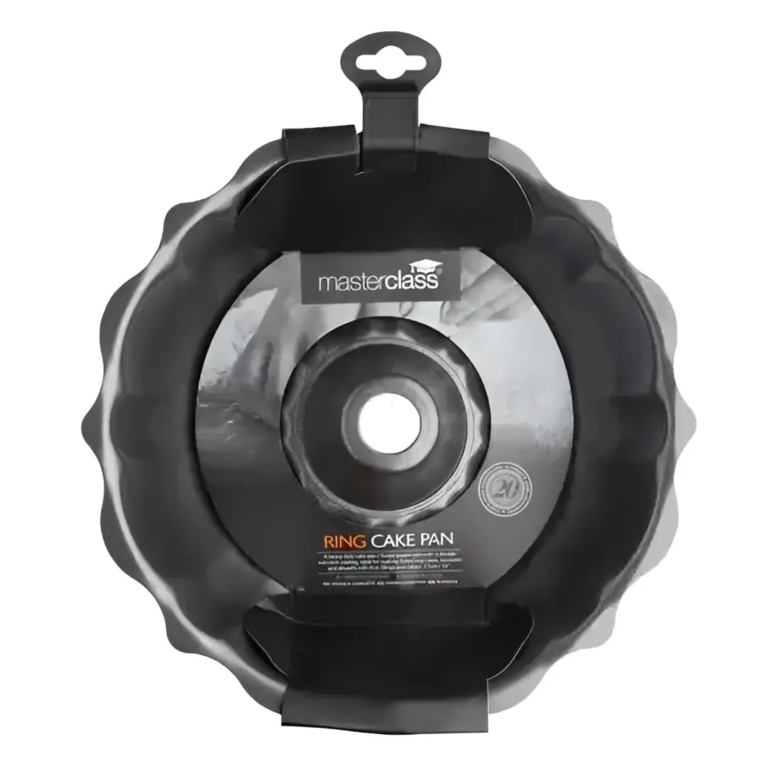 Black silicone non-stick fluted round cake pan 25cm with central hole in masterclass branded retail packaging