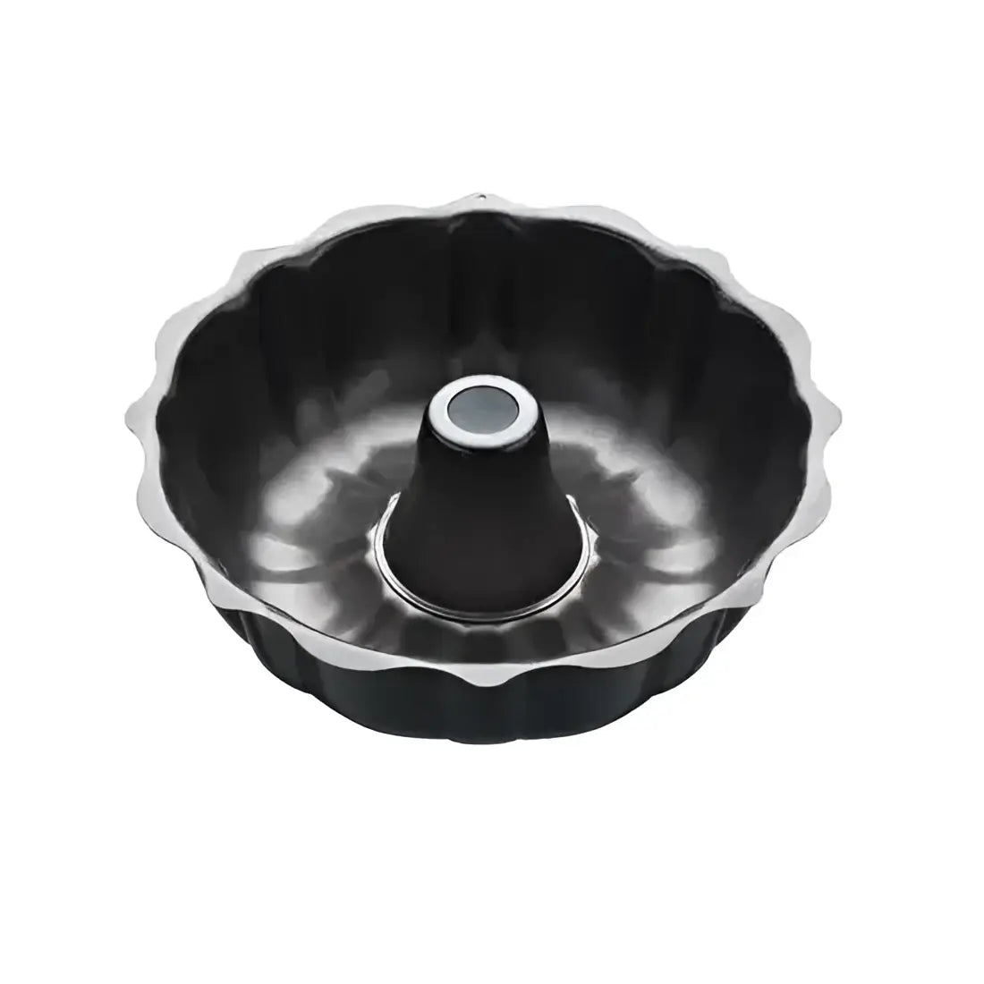 Black fluted MasterClass non-stick bundt cake pan 25cm with central tube and metallic rim for baking