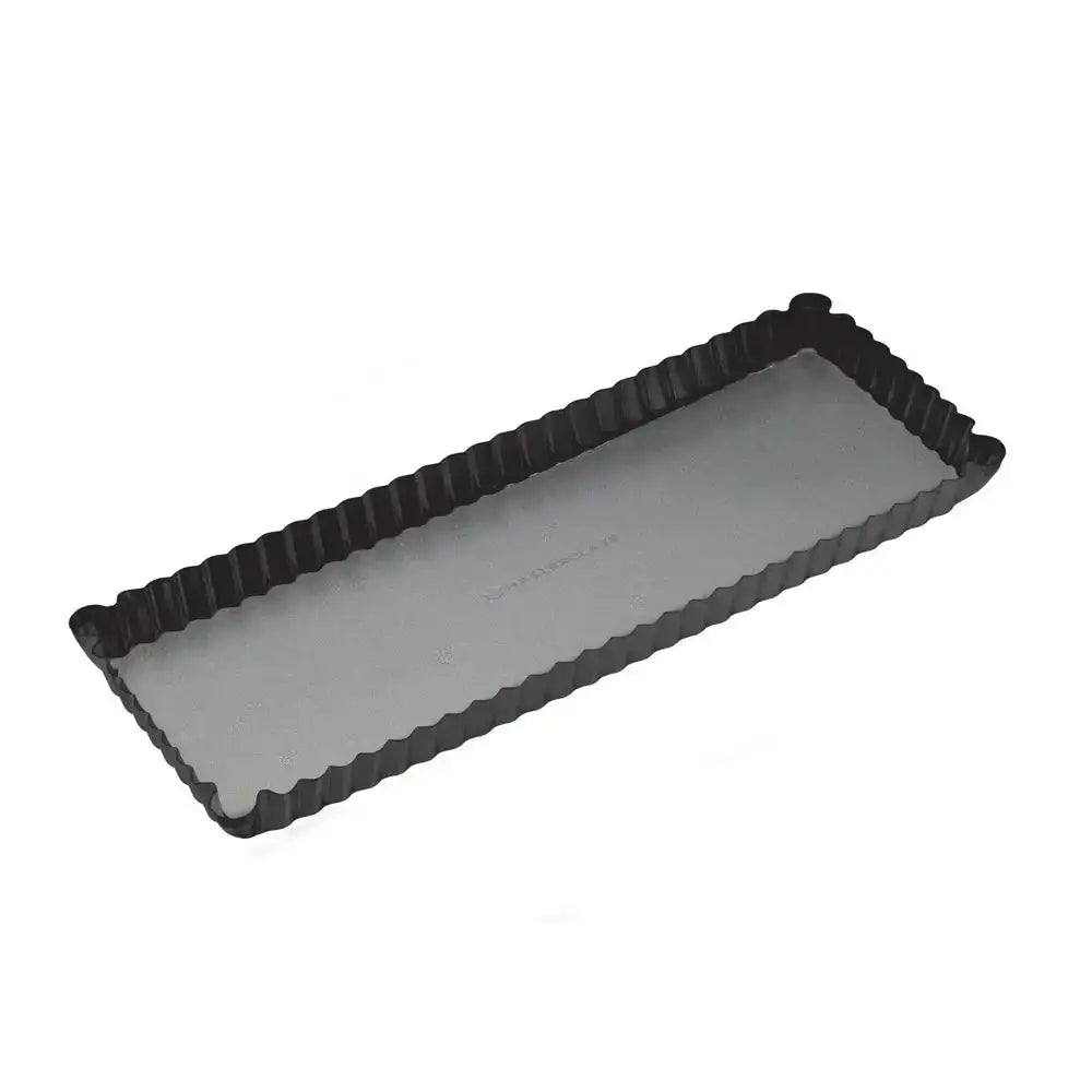 Rectangular black tart pan with a gray interior on a white background