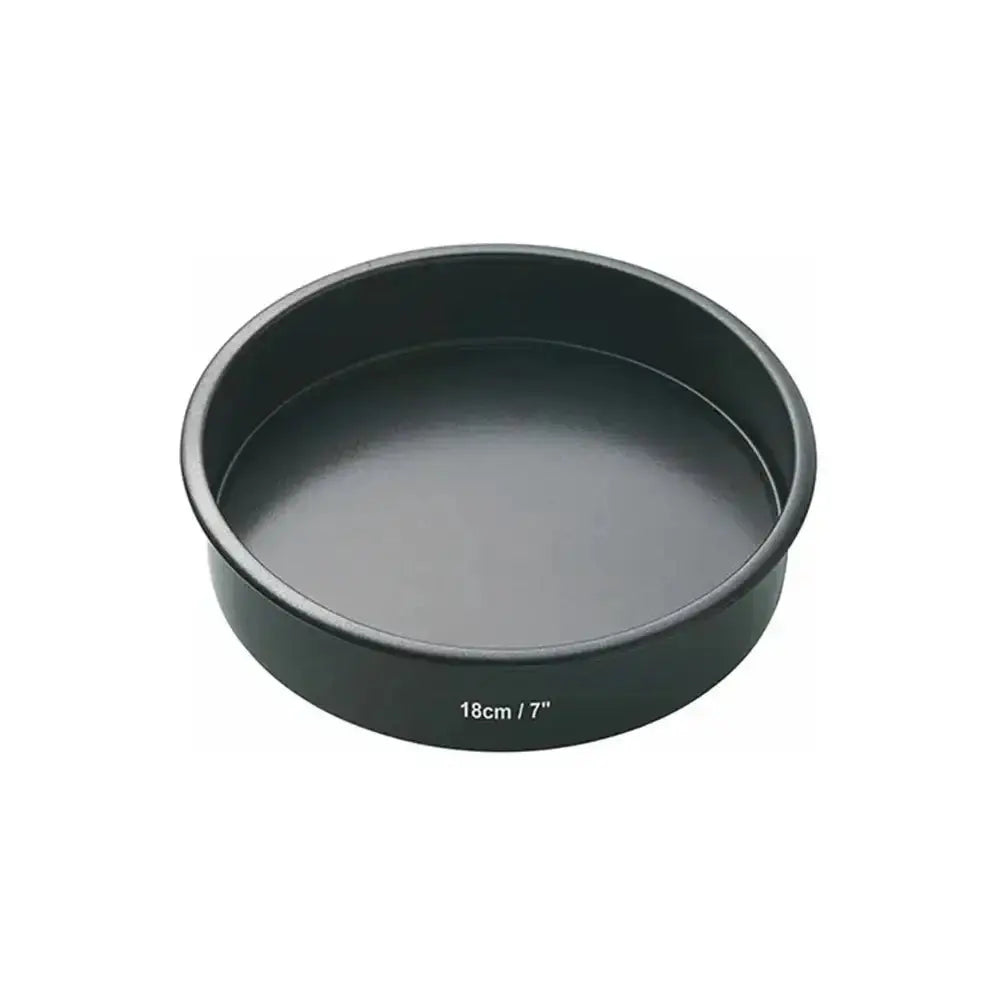 Black round cake pan with dimensions on a white background