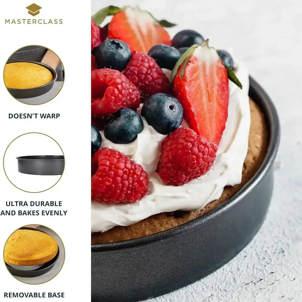 Cake in a pan with berries and cream, featuring Masterclass branding and product features.
