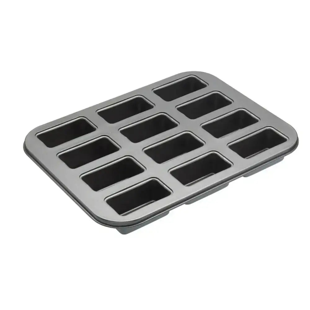 Gray rectangular baking mold with multiple compartments on a white background