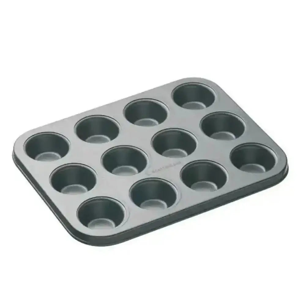 Gray muffin tin with 12 cups on a white background
