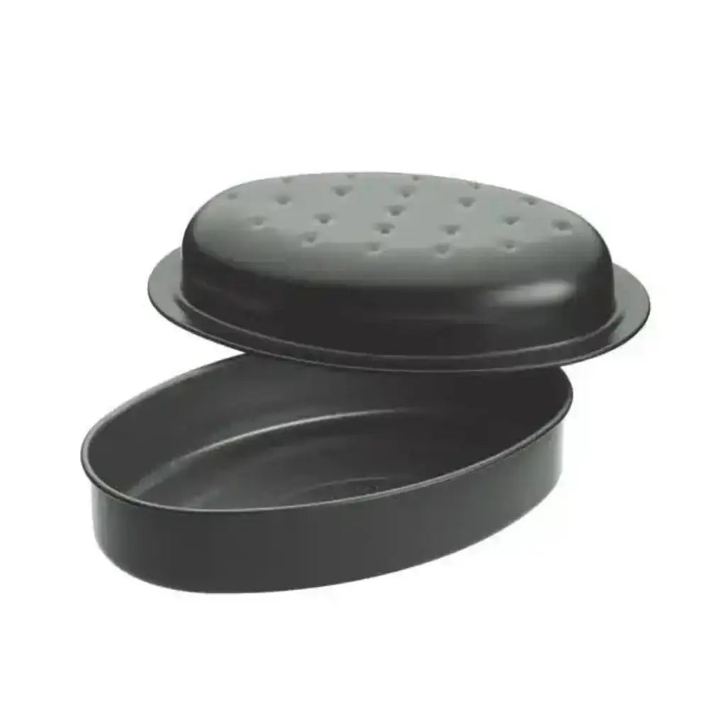 Black metal loaf pan with domed lid on a white background