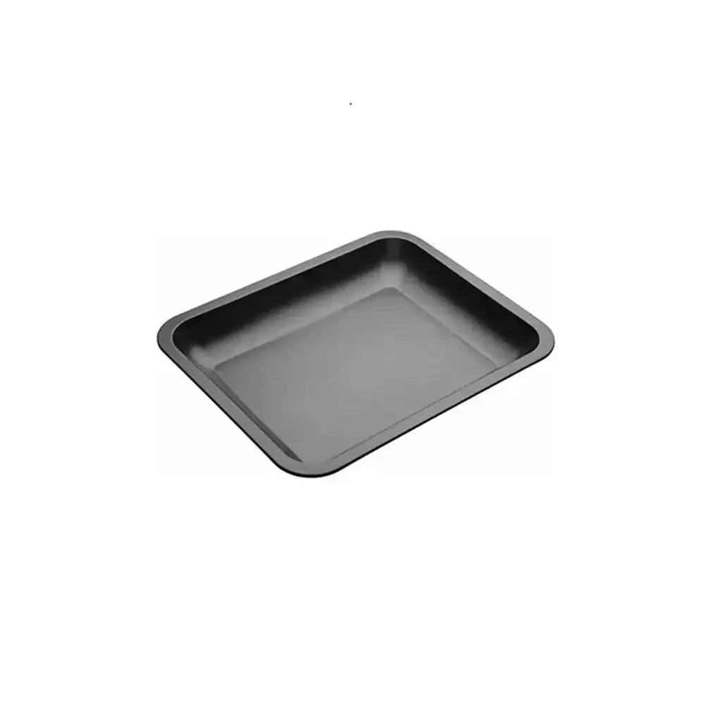 Black rectangular baking tray on a white background