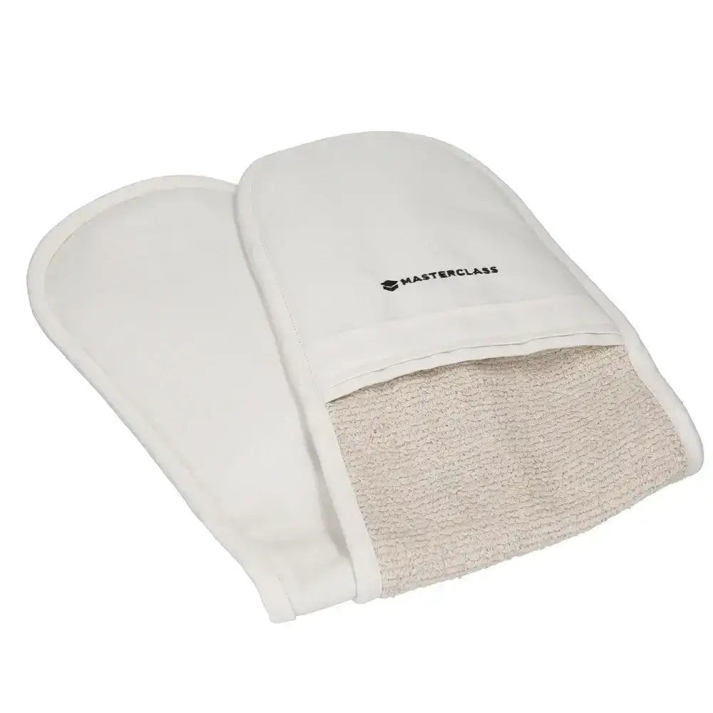 Pair of white oven mitts with beige interior on a white background, featuring 'Masterclass' branding.