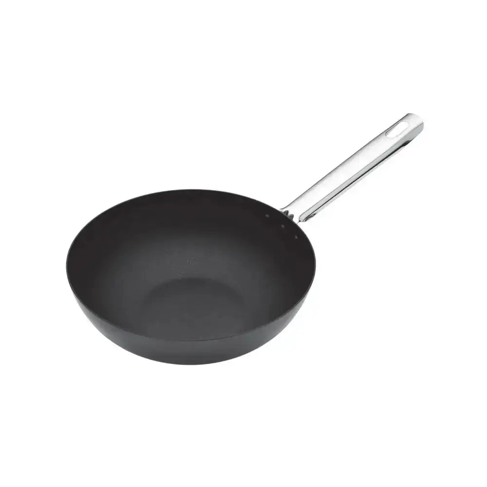 Black wok with a silver handle on a white background