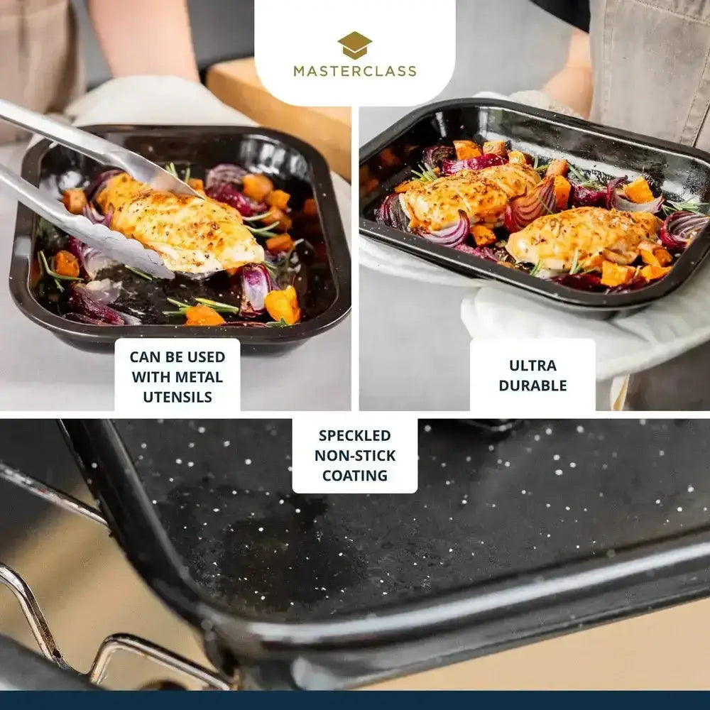 Cooking pan with food, featuring text about its features like metal utensil compatibility and speckled non-stick coating.