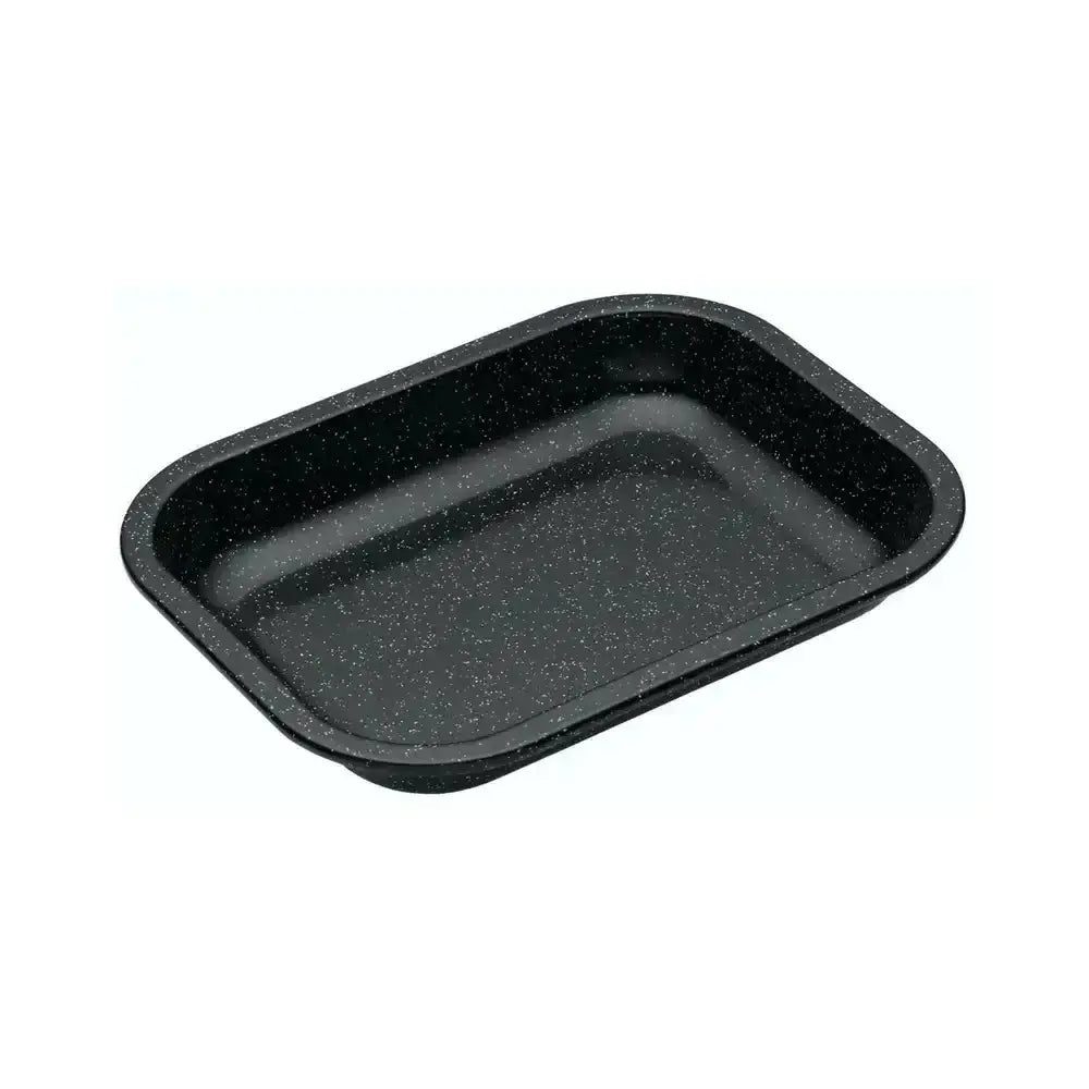 Black rectangular baking tray on a white background