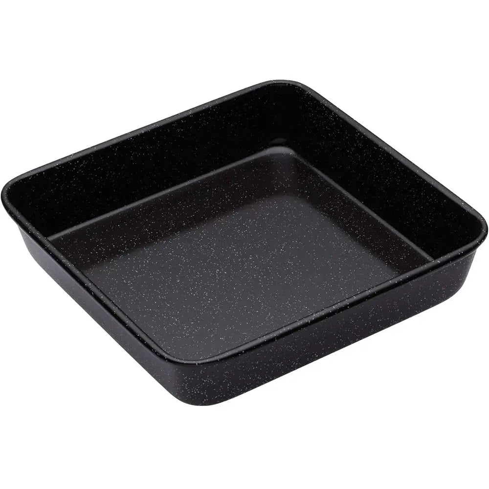 Black rectangular baking tray on a white background