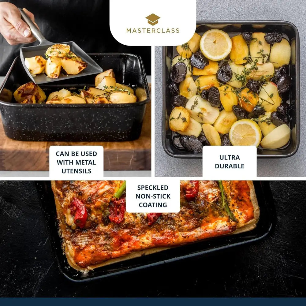 Collage of a speckled non-stick baking tray with food, labeled 'Masterclass'.