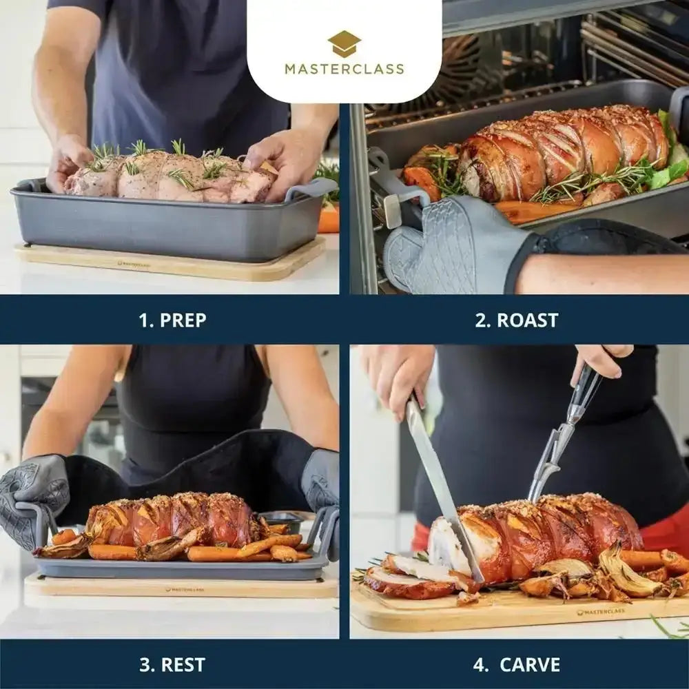 Step-by-step cooking tutorial for preparing, roasting, resting, and carving a roasted dish with 'Masterclass' branding.