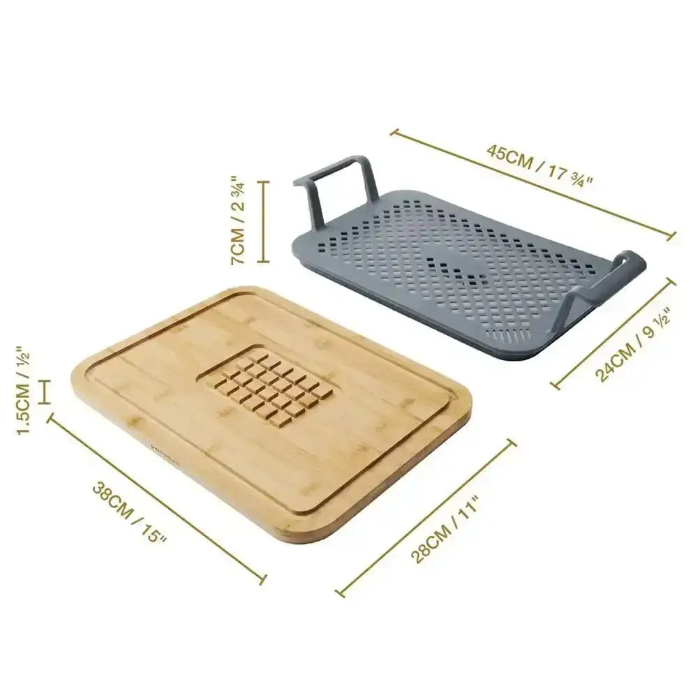 Two trays, one wooden and one gray with handle, shown with measurements on a white background.