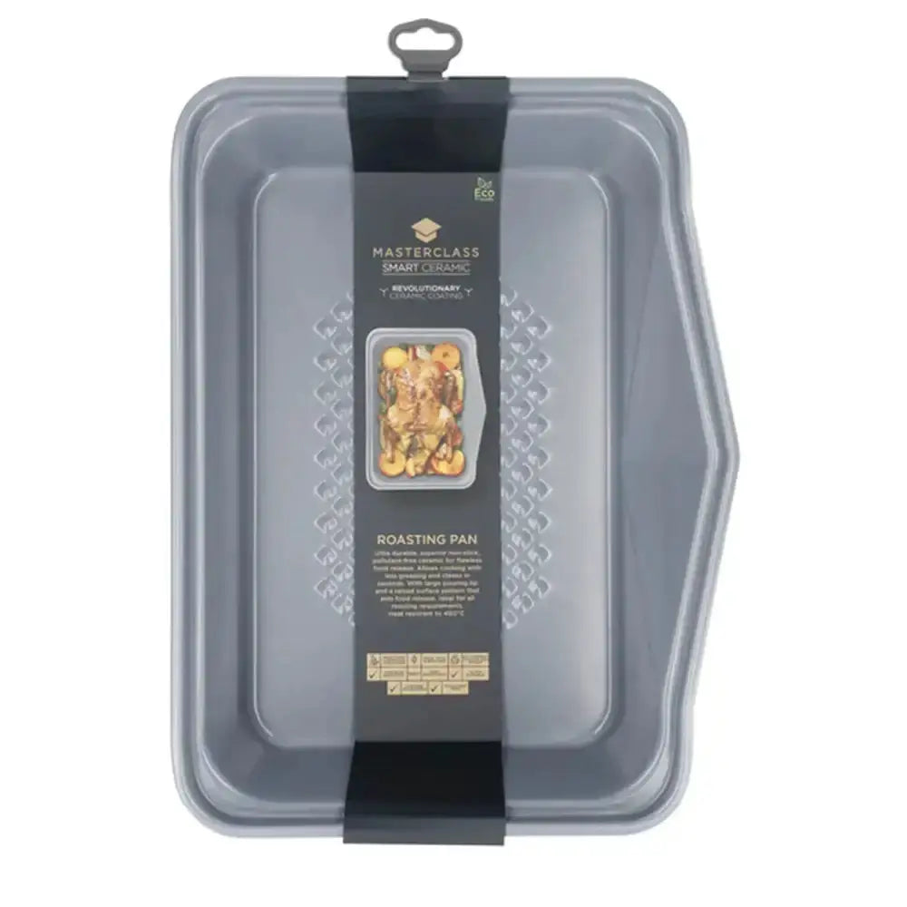Gray roasting pan with Masterclass branding on a white background