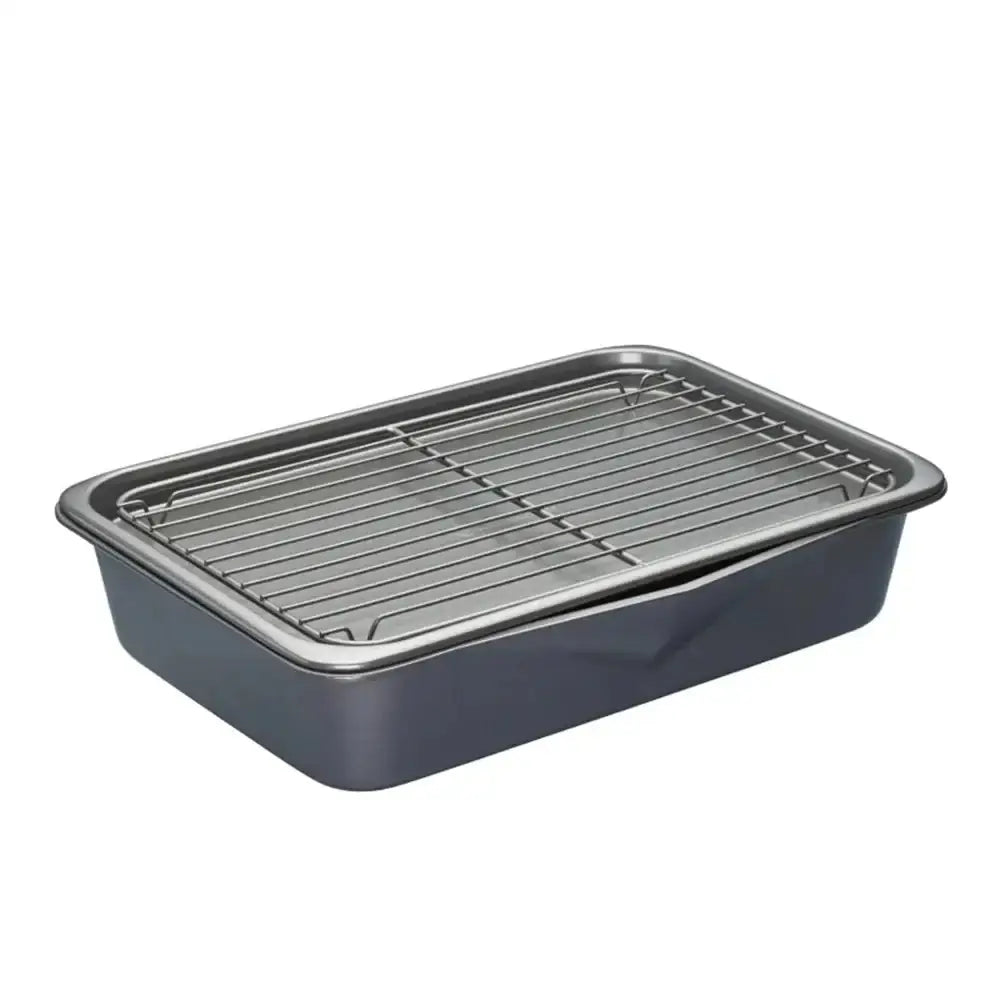 Gray baking tray with wire rack on a white background