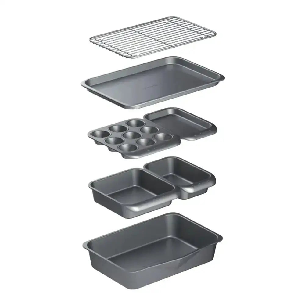 Set of gray baking pans and racks on a white background