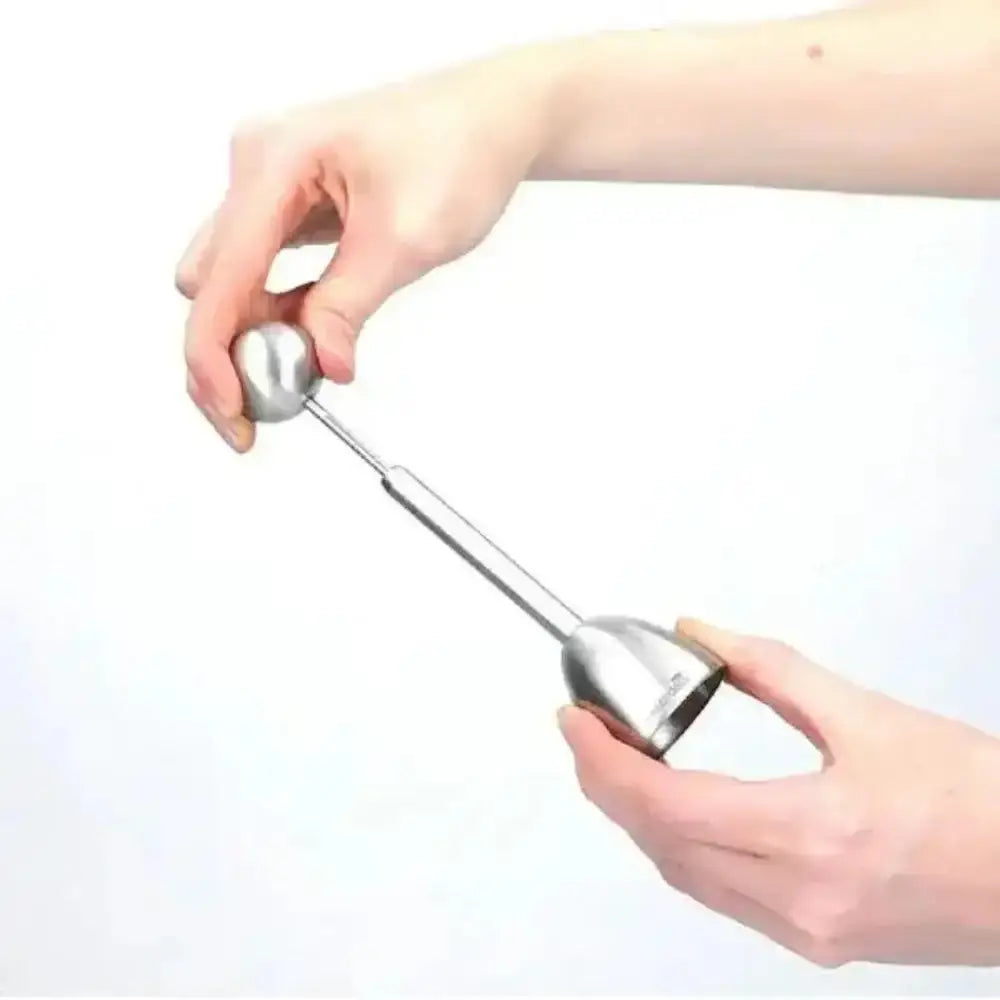 Two hands holding a silver milk frother against a white background