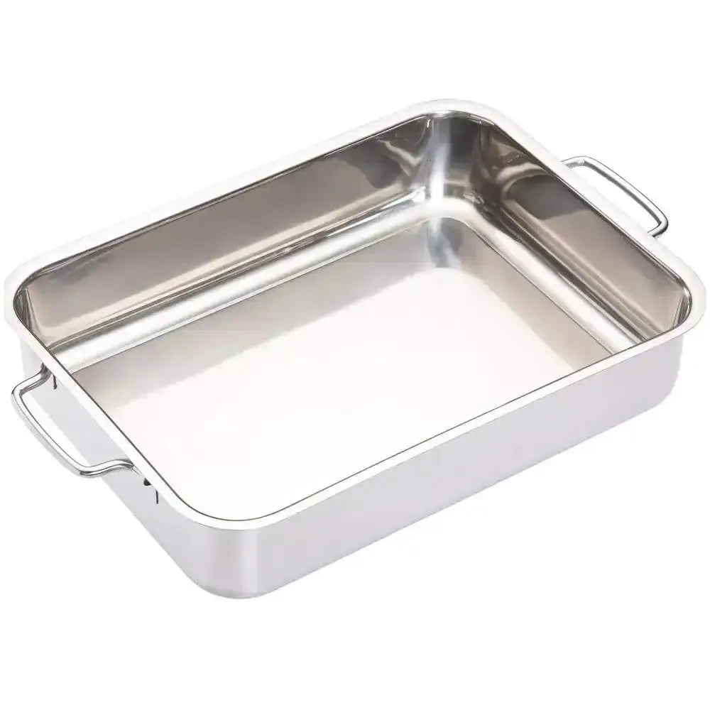 Stainless steel roasting pan on a white background
