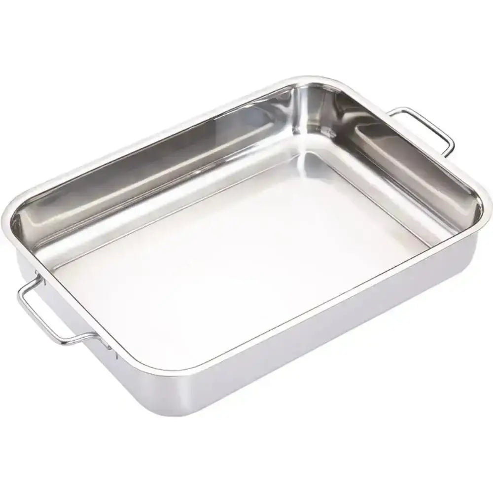 Stainless steel roasting pan with handles on a white background