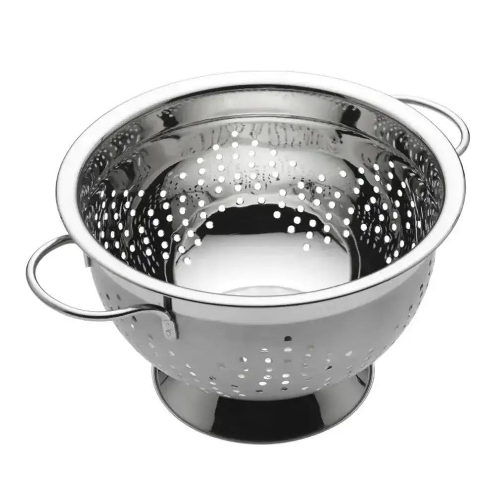 Stainless steel colander on a white background