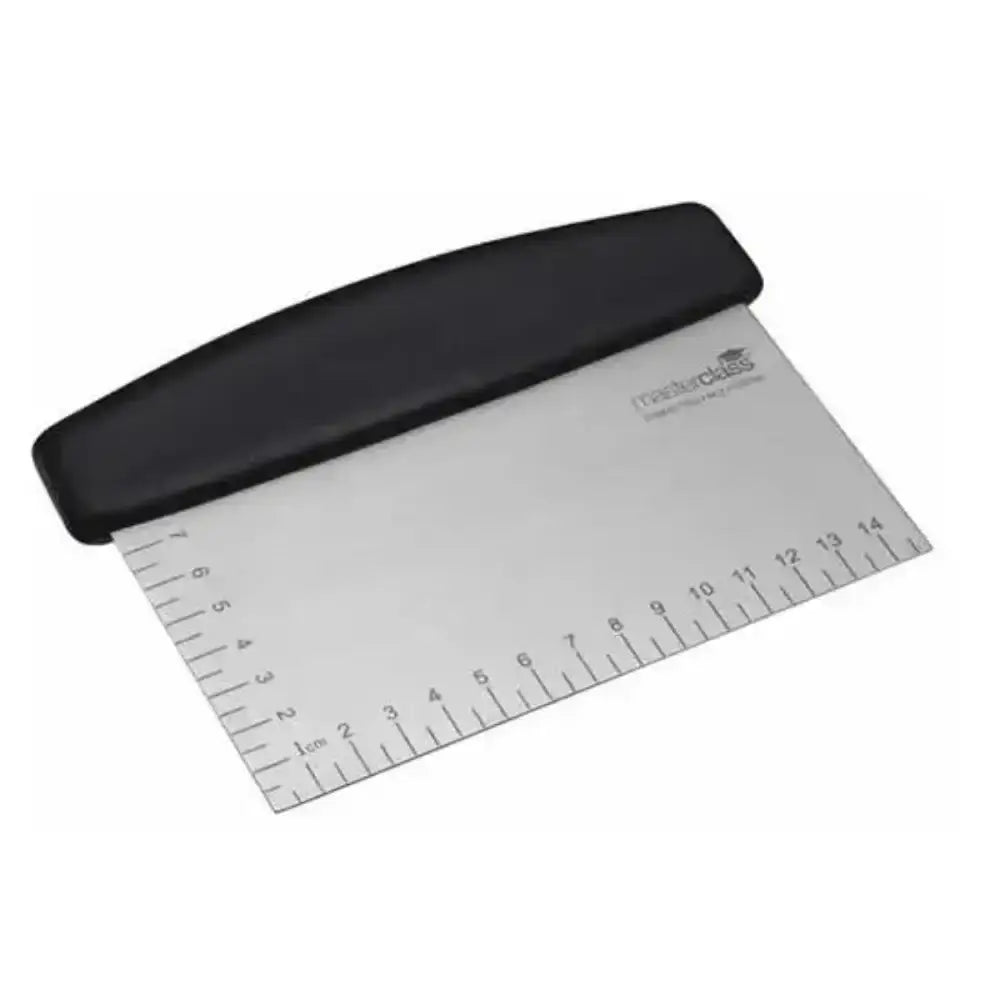 Measuring tool with black handle and clear ruler on a white background