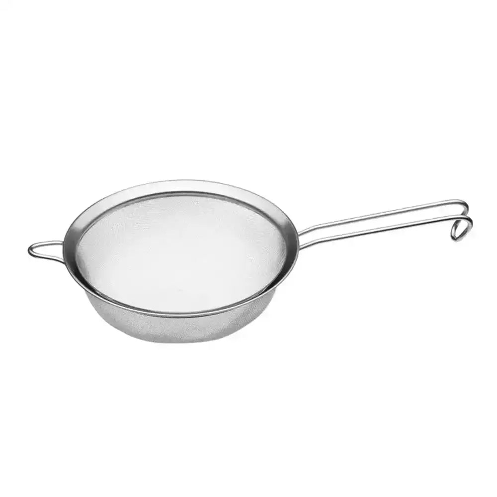 Metal strainer with a handle on a white background