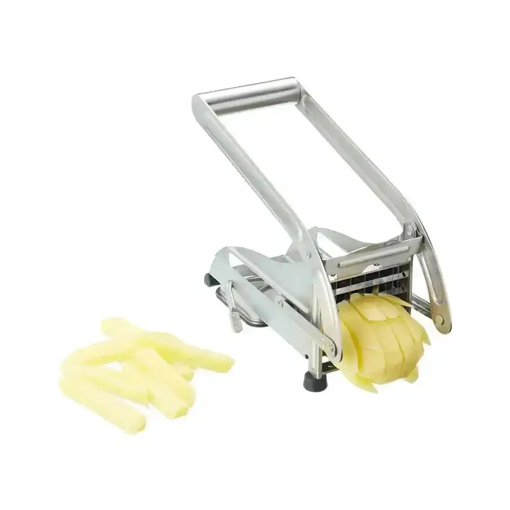 Metallic potato peeler with peeled potatoes on a white background
