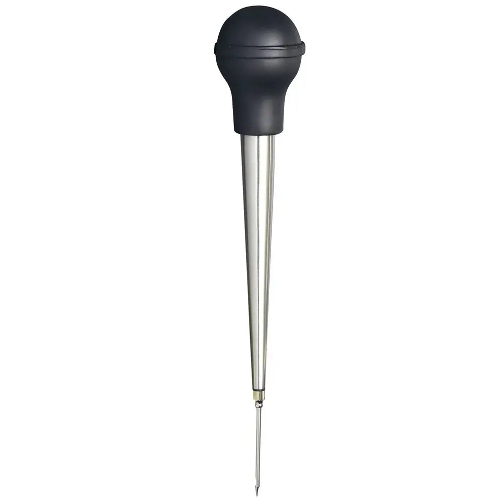Black and silver meat thermometer on a white background