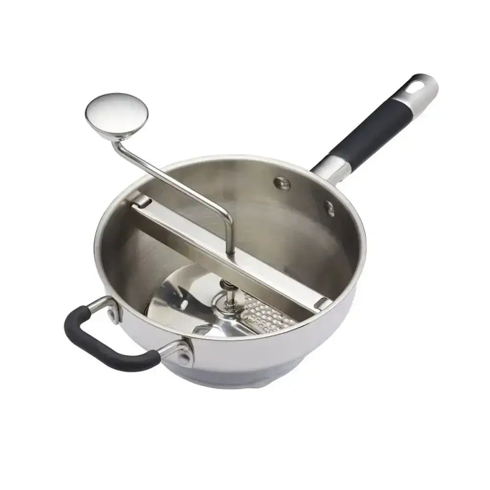Metal potato masher with black handles on a white background