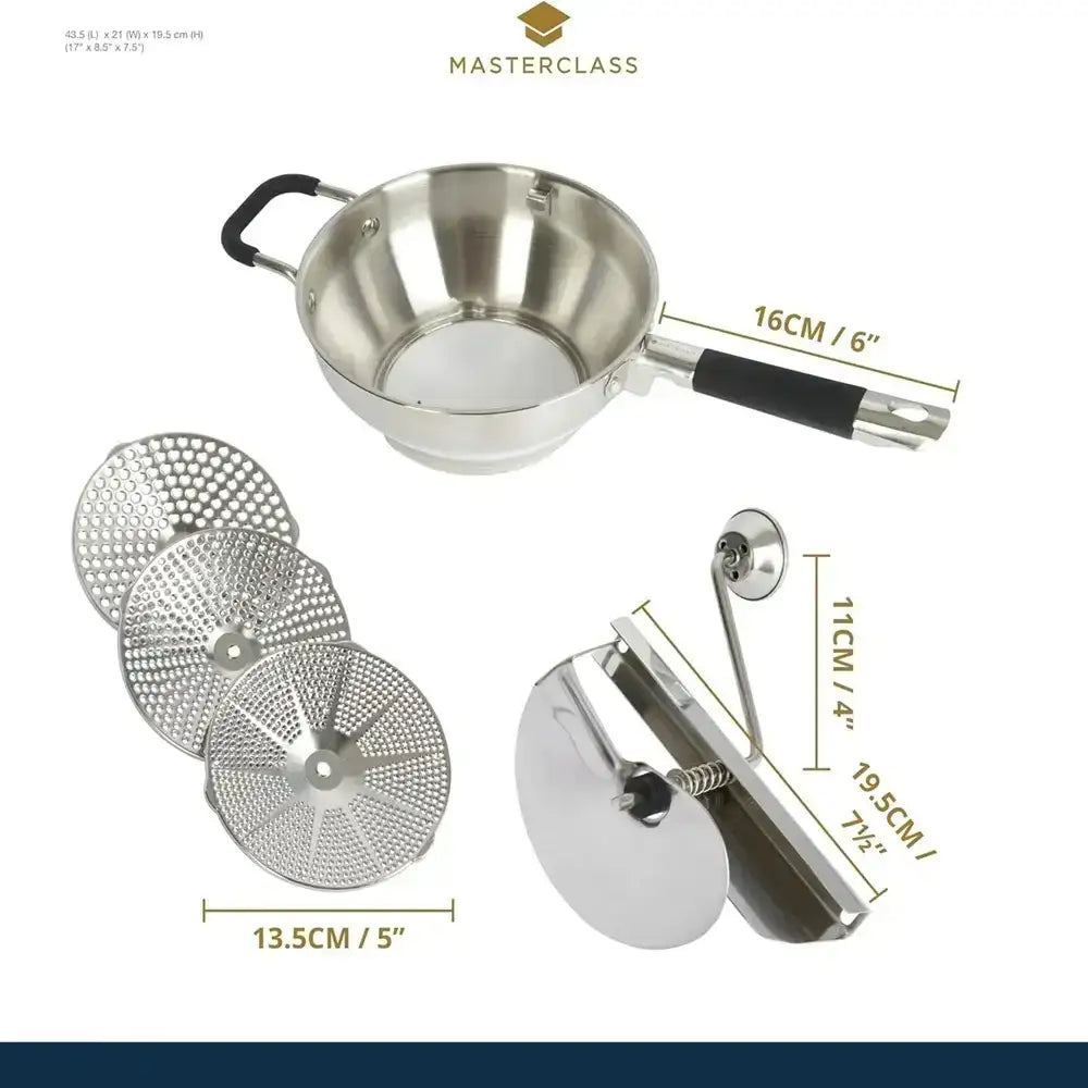 Set of stainless steel kitchen tools including a strainer, ladle, and measuring cups with dimensions on a white background.