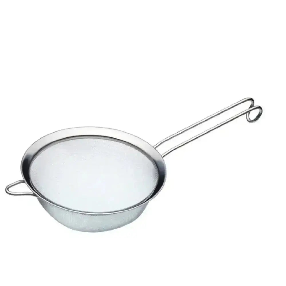 Metal strainer with handle on a white background