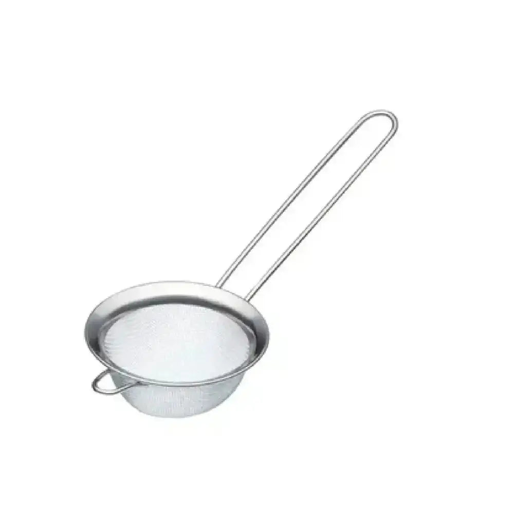 Metal strainer with handle on a white background