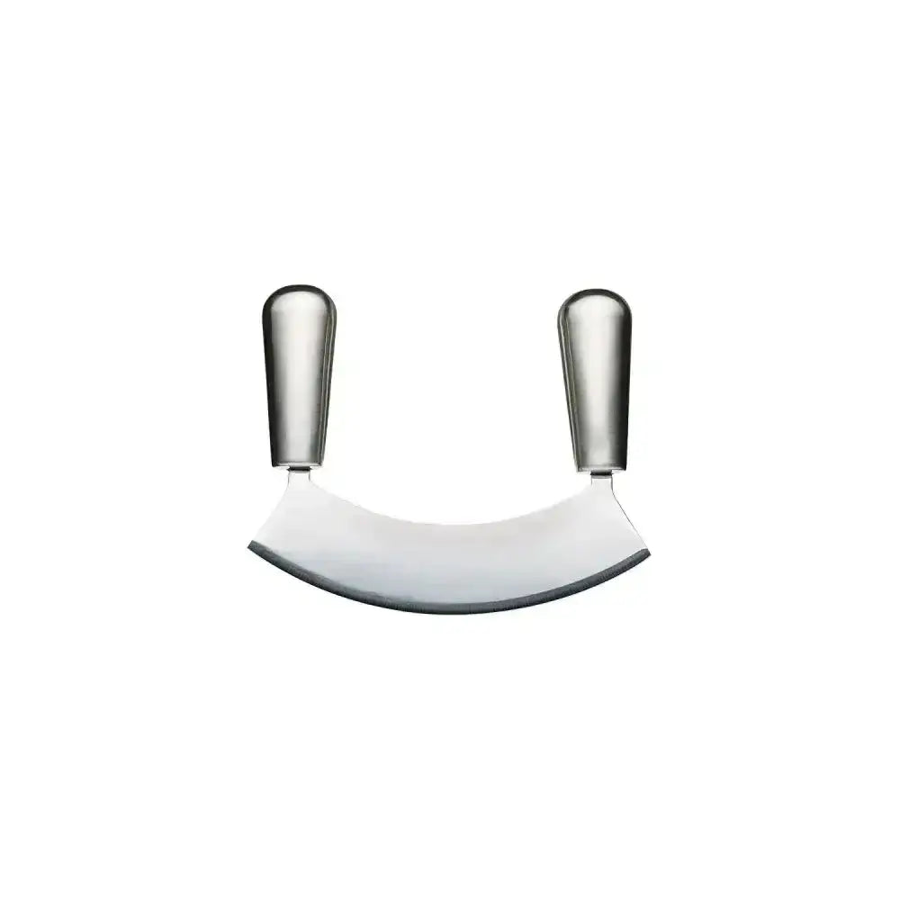 Curved knife with metallic handles on a white background