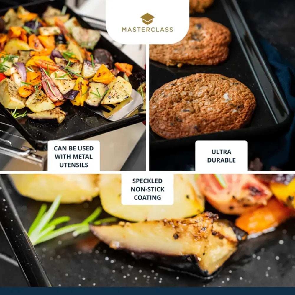 Non-stick cookware with roasted vegetables and cookies, featuring text about its features.