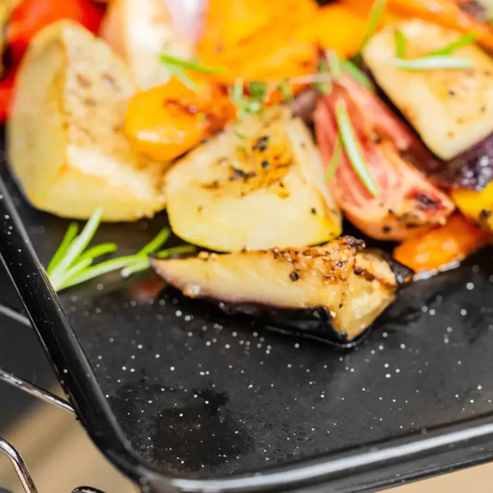 Grilled vegetables on a black speckled plate