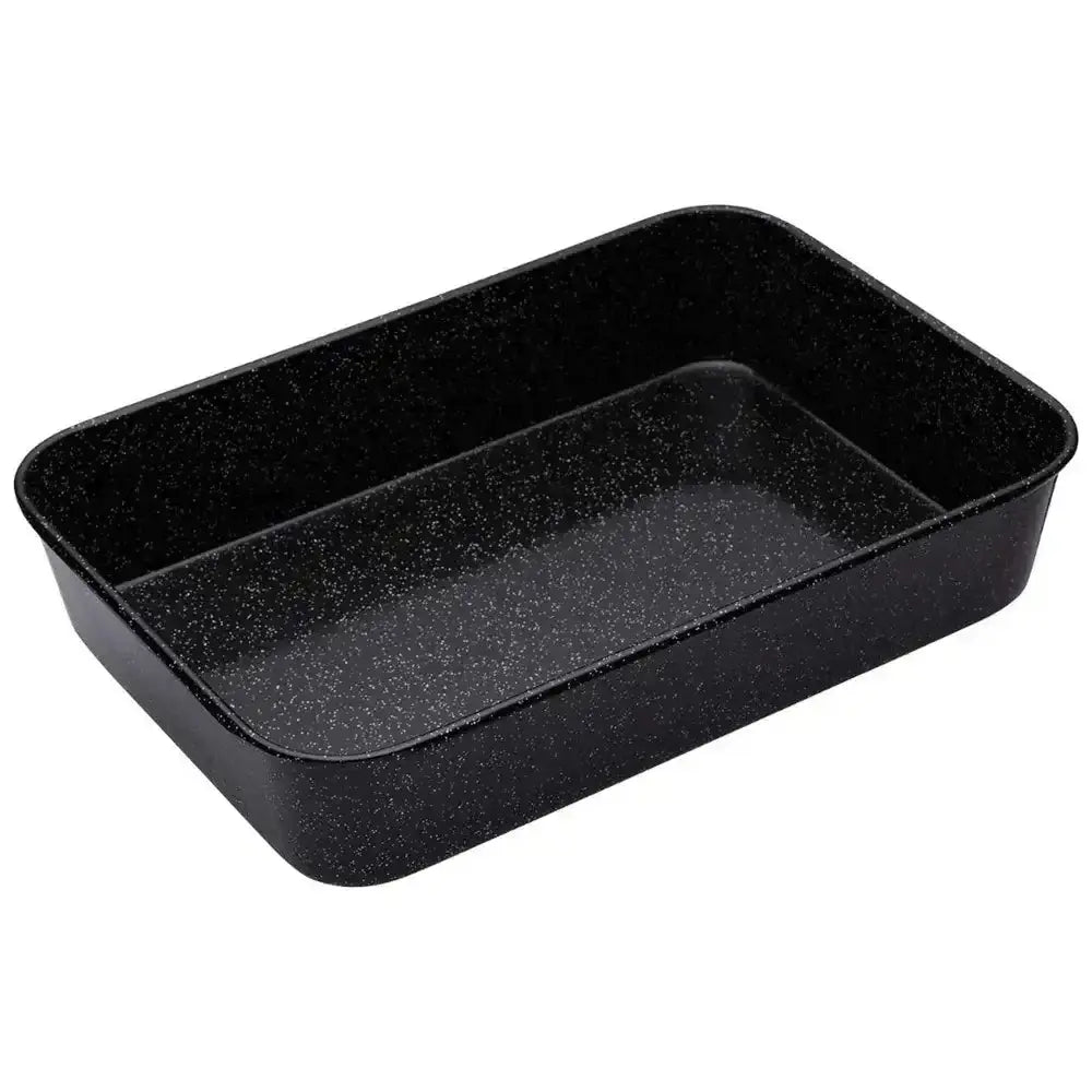 Black rectangular baking tray on a white background